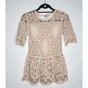 Yaira Lace Crochet Shirt Womens Small Beige Sheer Peplum Tunic Boho Top